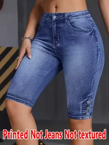 Women's Printed Skinny Pants, High Waist Rise, Non-Denim Fabric, Five-Pocket Shorts, Imitation Denim Print, Four-Season Wearable Bottoms