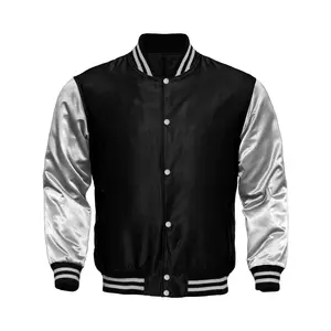 Baseball Men's Satin Varsity Coat - Black/White, Menswear, Stylish Long-Sleeves, Front Button Closure, Handmade Polyester Fabric, Plain Design with Pocket, Formal & Casual Tops, Long Sleeve, Jacket