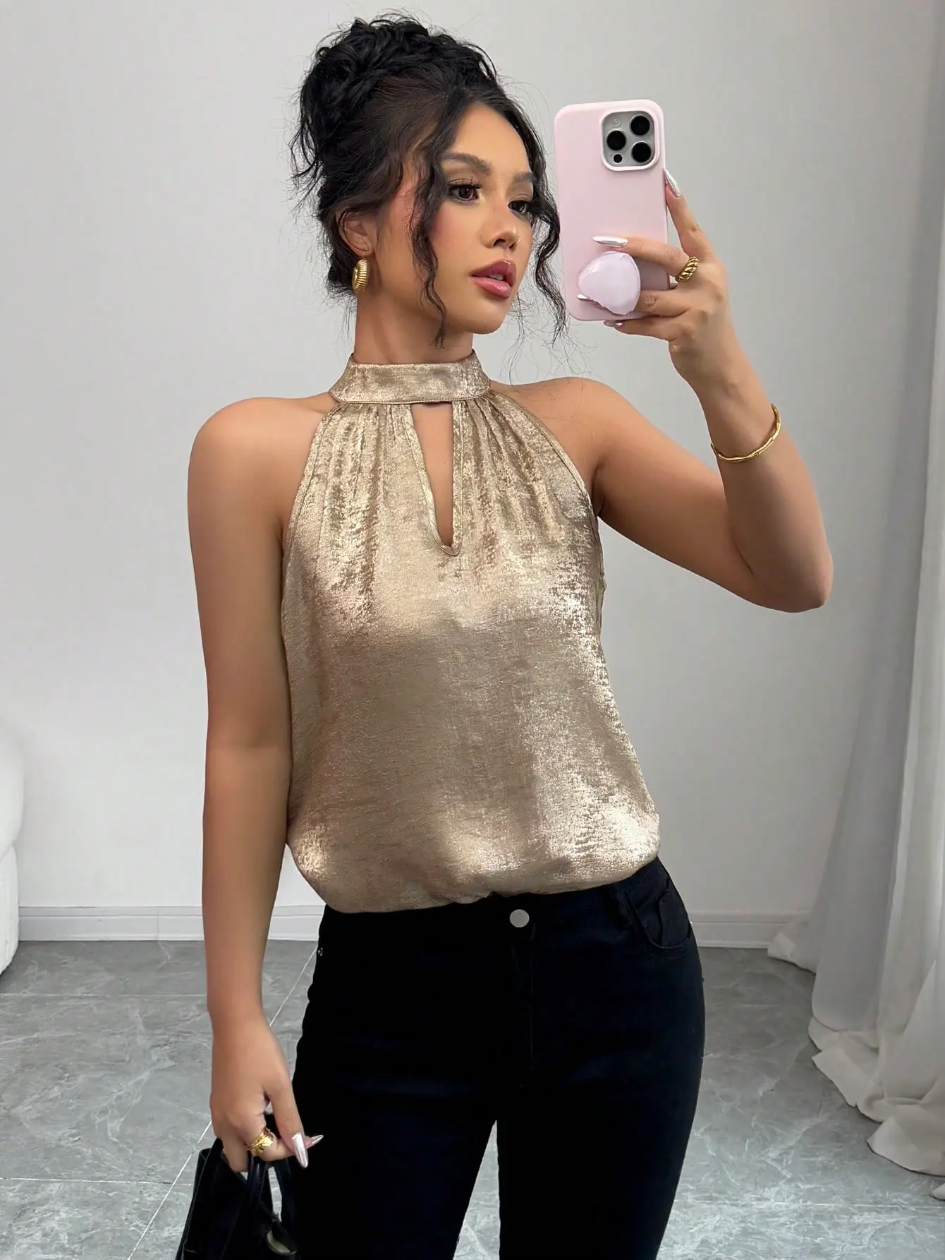Women's Elegant Sleeveless Shiny Halter Blouse, Suitable For Spring/Summer Holiday