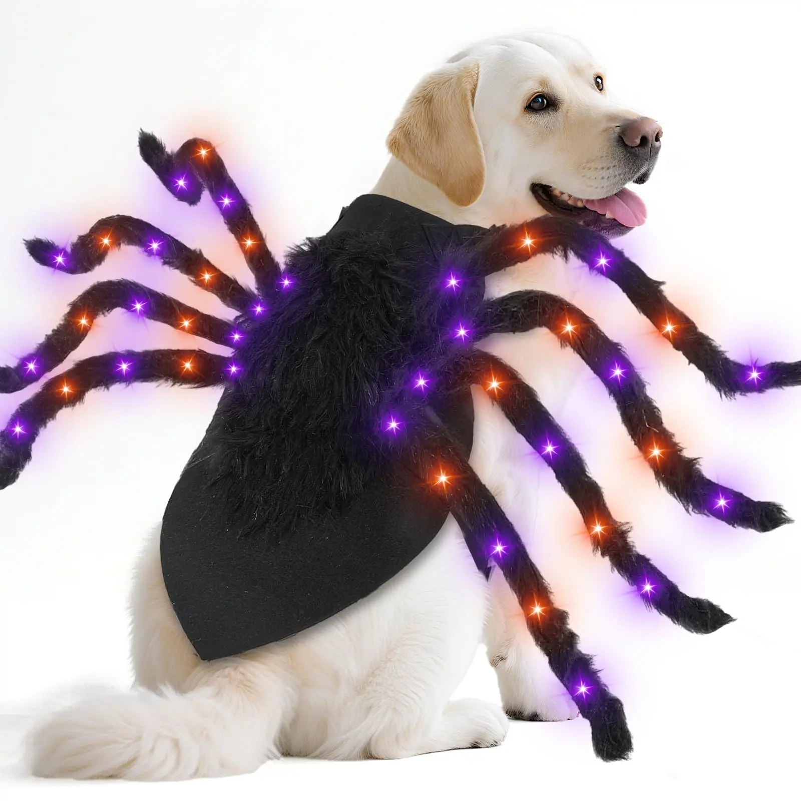 24 LED Spider Dog Halloween Costume for Small Medium Large Dogs, Furry Giant Spider with Orange Purple Lights Puppy Pet Costume Outfits Clothes Funny Halloween Costume Party Cosplay