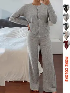 Women's Comfortable Casual Fit Knitted Round Neck Button Front Cardigan Set with Pockets, Wide Leg Pants, Perfect for Daily Wear