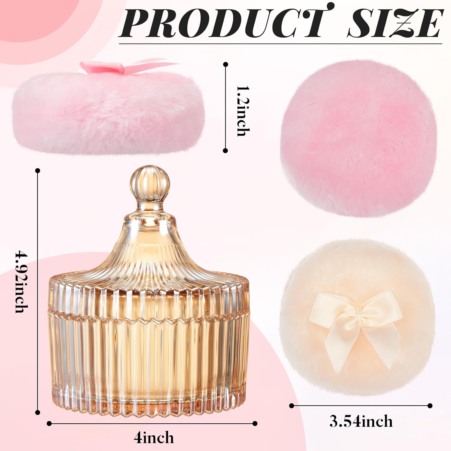 Ultra Soft Powder Puff and Container 3.54" High Density Velvet Dusting Washable Reusable Powder Puff,Body Powder Puff and Glass Jar Holder Loose Powder Elegant Glass Jar for Jewelry, Candy Storage, Perfect Gift for Ladies