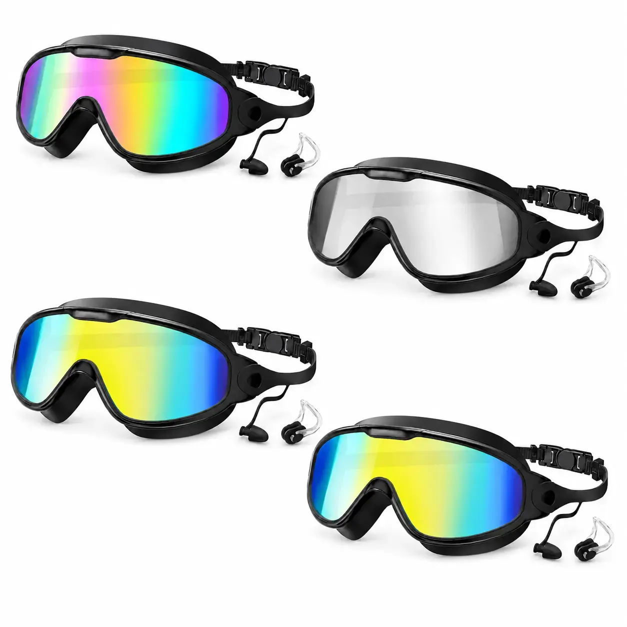 Adult Swim Goggles with Ear Plugs, Panoramic Wide View Anti-Fog UV Protection Swimming Goggles, Leakproof Soft Silicone Comfort Seal for Men Women, Pool Training, Beach & Open Water