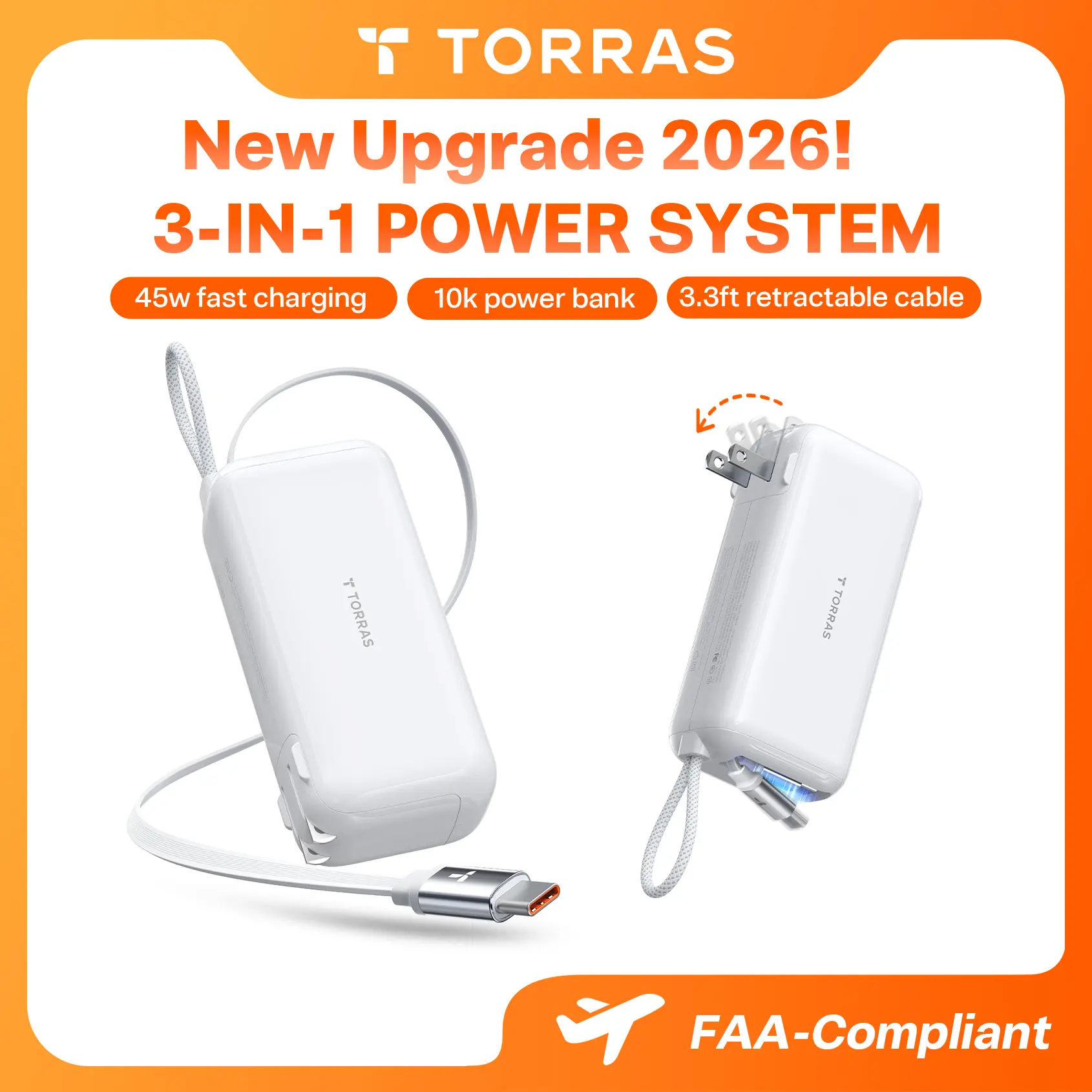 #DealsForYouDays TORRAS EasyGo 10000mAh Portable Charger 45W Fast Charging Power Bank with 39'' Retractable USB-C Cable & Foldable Plug for iPhone 17-12 & iPad Smartphone Accessories, Travel Essential Giftidea summerwins summerwins
