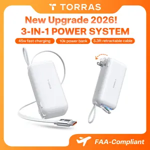 TORRAS EasyGO Compact 10000mAh Power Bank with Retractable USB-C Cable & Wall Plug, 45W Fast Charging Instant Charger Accessories for Smartphone, iPhone 17/16 Pro Max, Samsung, iPad, MacBook Air (Father's Day Gift, Foldable)