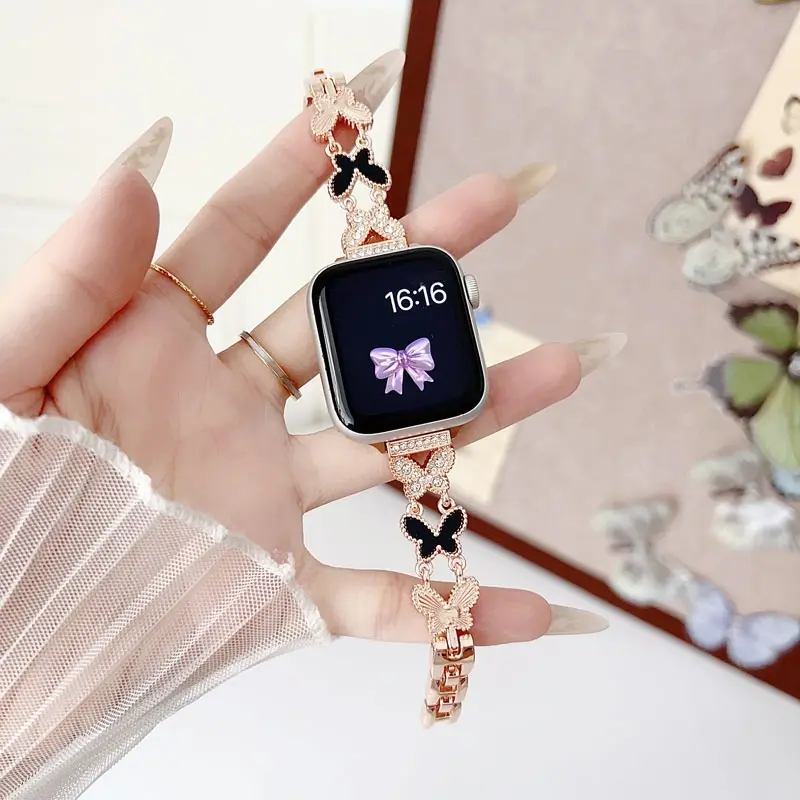 Full Rhinestone Black Shell Butterfly Slim Metal Bracelet for iWatch Band - Business & Dressy Strap Compatible with Series 1-11/SE/SE2/Ultra/Ultra2 (38-49mm) for Women & Men (Watch Not Included) #Summervibes