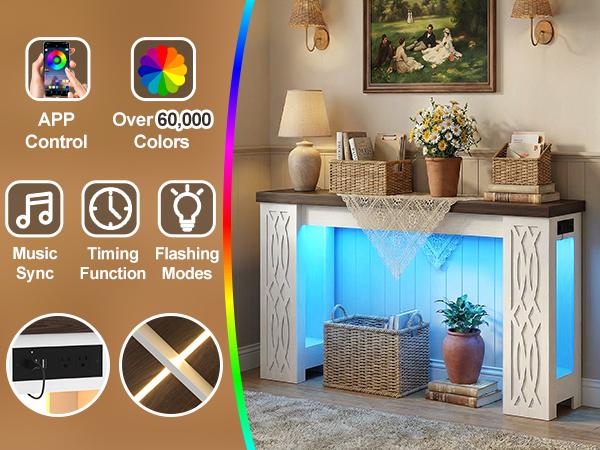47" Farmhouse Console Table with Colorful LED & Outlet – Smart Charging Entryway Table for Living Room, Hallway, Sofa Back