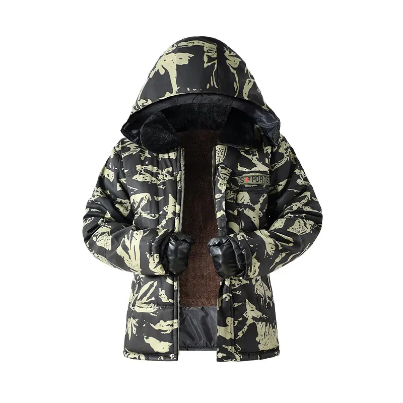 Men's Heavy-Duty Hooded Camouflage Fleece-Lined Thermal Work Jacket - Mens Clothing Workwear for Construction Work, Long Sleeves, Utility Pockets, Easy to Layer, Full Mobility, Strategic Rib Knit Cuffs, Shell Hem, Linen Shell