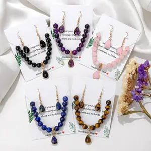 New Fashion Women Jewelry Set 8mm Natural Semi-precious Stone Beaded Elastic Bracelet Stone Drop Charm Earring Anniversary Gift
