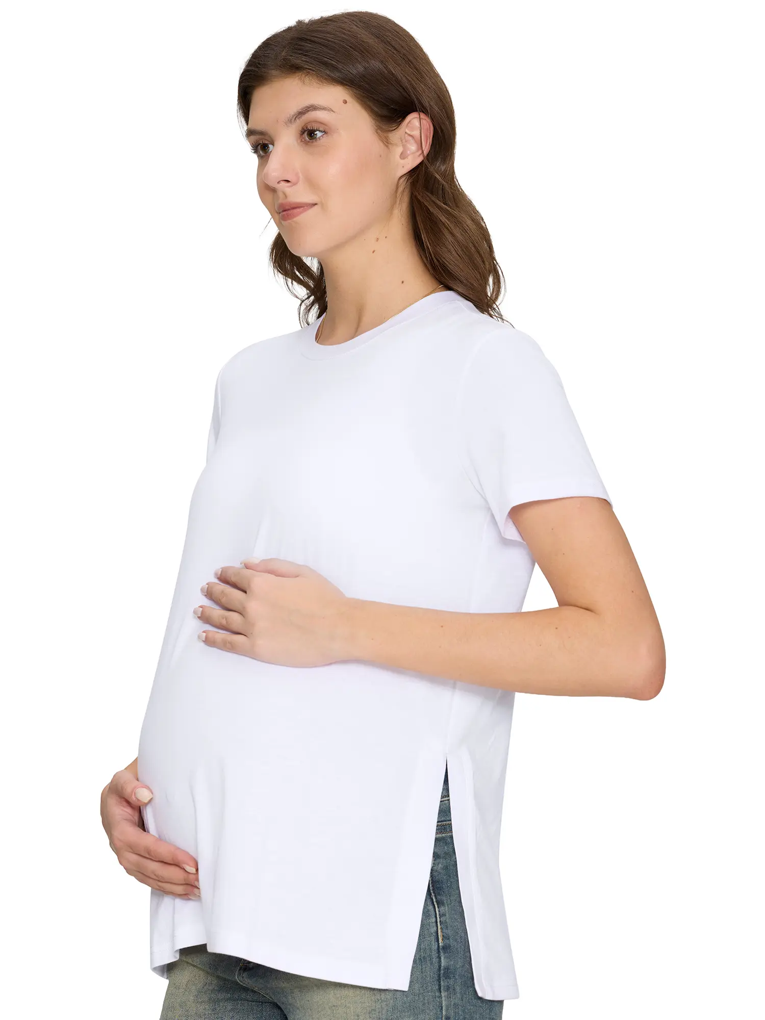 MIRAZEN 3 Pack Women's Maternity Shirts, Crew Neck Maternity Top Side Split Pregnancy Clothes Short Sleeve, Casual, 65% Polyester, 30% Rayon, 5% Spandex