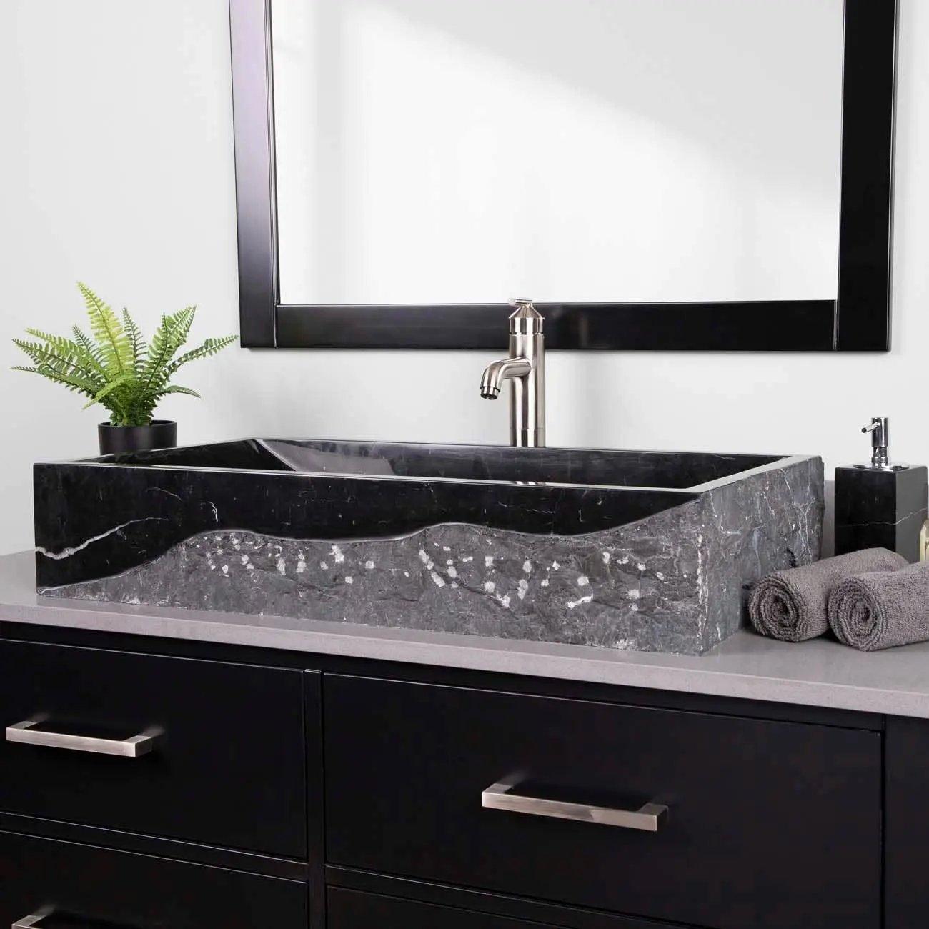Iseo 30-in Modern Marble Rectangle Vessel Sink - Above-the-Counter Design with Carving, Hand-Carved Exterior and Smooth Black Interior