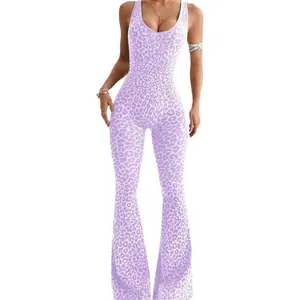 Fashion girl leopard print cross back seamless one-piece yoga suit women's fitness sports jumpsuit