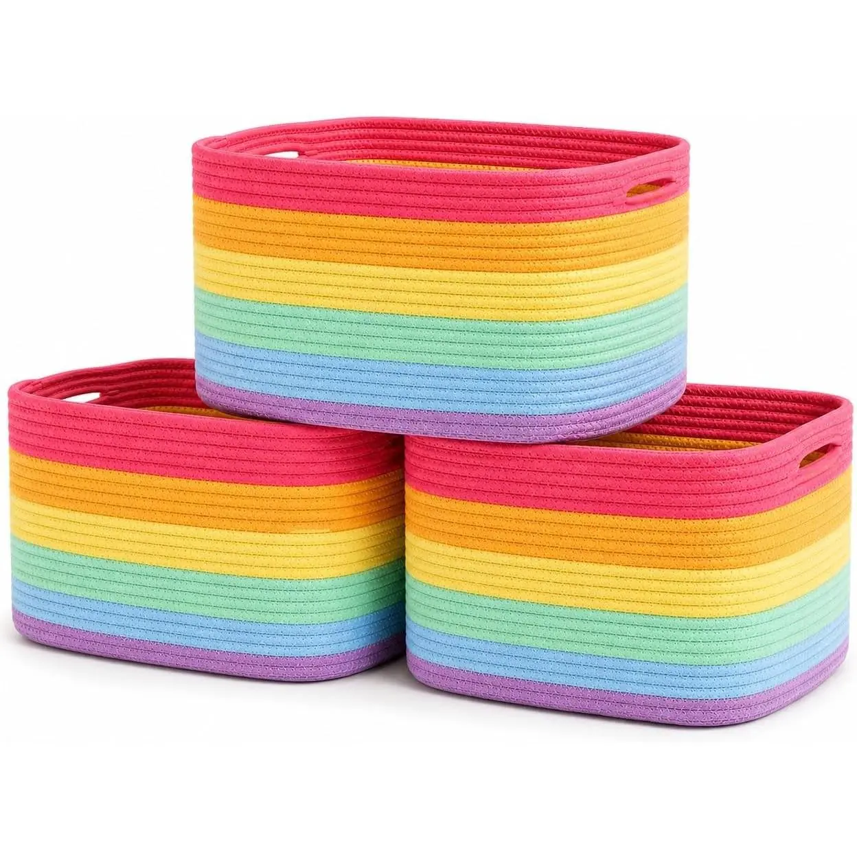 Rainbow Cotton Rope Baskets for Shelves, Set of 3 - 15"×10"×9½" - Colorful Storage Baskets for Kids - Nursery, Playroom, Classroom - Toy Storage, Books, Towels