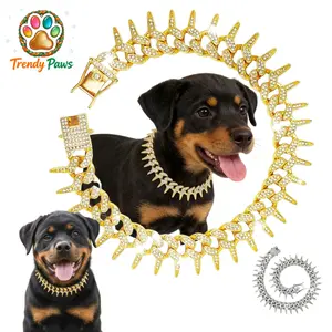 Thorn Spike Pet Chain - Diamond Accented Cuban Collar in Gold/Silver, Edgy Yet Wearable Walking Jewelry f Small/Medium Pets, Edgy Walking Jewelry Daily Luxury Accessory