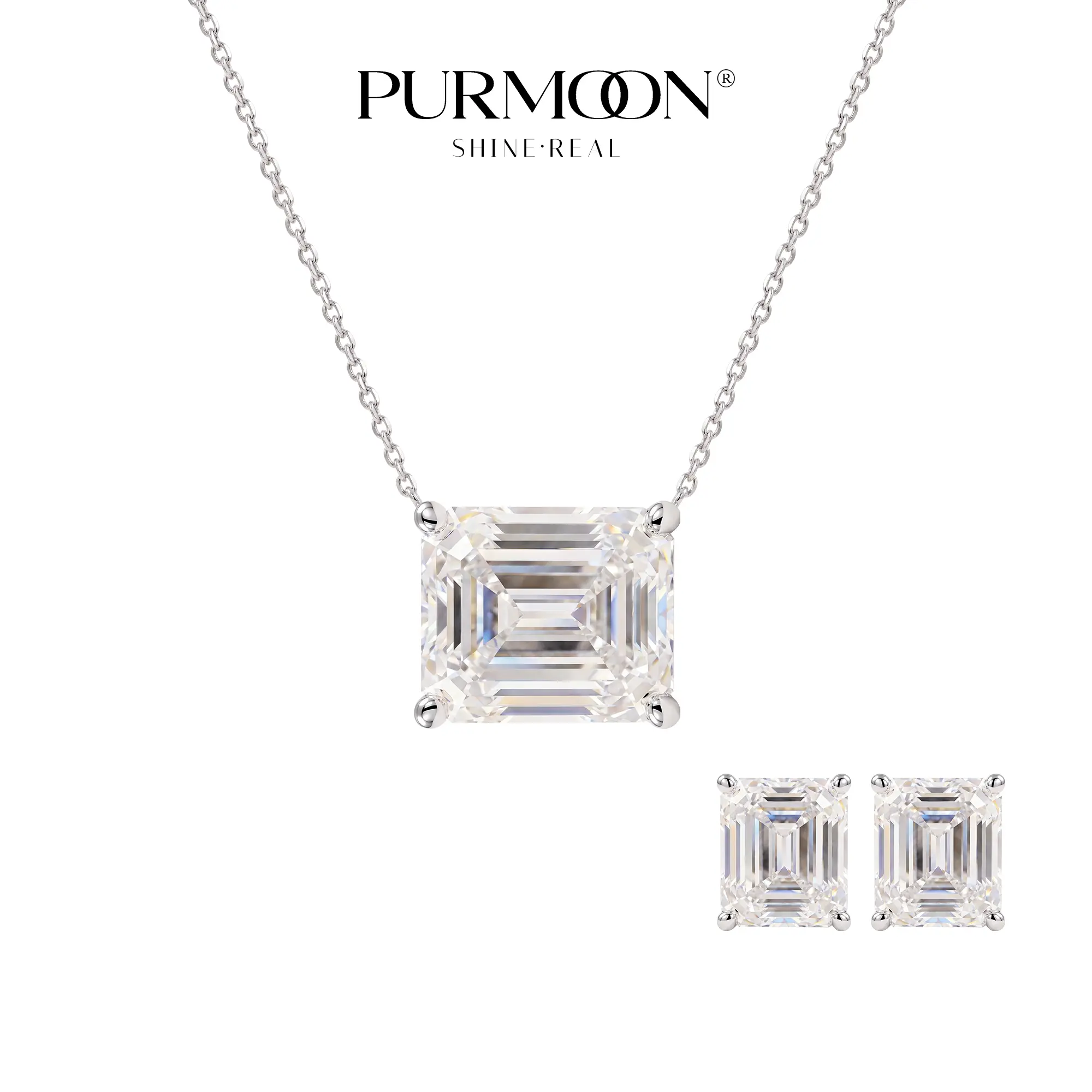 [Emerald Everday] Purmoon Moissanite S925 Sterling Silver Necklace 2CT & Stud Earrings 1CT/2CT Everyday Quiet Luxury Gift for Women