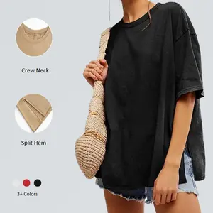 Imily Bela Women's Oversized Summer Tee Casual Loose Fit Short Sleeve Crew Neck Side Slit T-Shirt in Plain Design