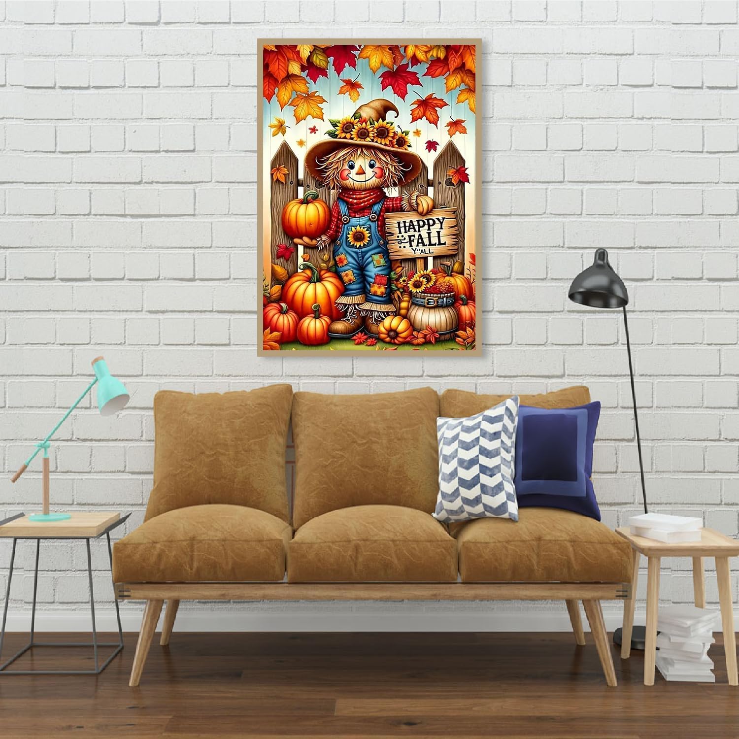 GemZono 5D Square Drill Diamond Painting Kit, Cute Fall Scarecrow Pumpkin Sunflower Maple Leaf Wooden Fence Autumn Harvest Crystal Rhinestone Wall Art Decor Gift, Waterproof Plastic DIY Needlework Toy for Thanksgiving, Graduations