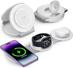 Hicober 3 in 1 Multidevice Wireless Charger, Exclusively for iPhone, Magnetic Foldable Travel Charger Stand 18W for iPhone 15 / Pro/Max/Plus 14 13 12 and Apple Watch Series 9 / Utra 1, 2 / Airpods, Festival Gifts