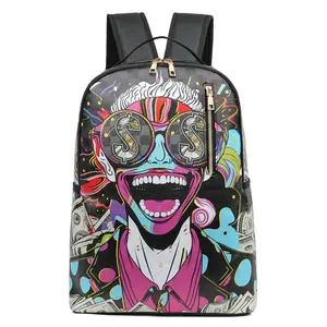 Trendy Graffiti Backpack for Students and Youth Cartoon Print Design with Dollar Sign Sunglasses Fashionable School Bag