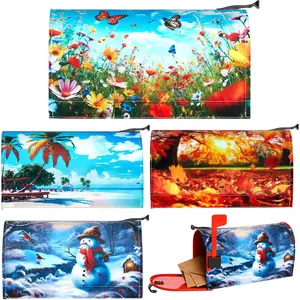 4 count Seasonal Mailbox Covers  Standard Size 21 x 18 Inches Summer Autumn Winter Spring Mailbox Covers for Outdoor Yard  Garden, Snowman Butterfly Beach Maple Leaves(Realistic)