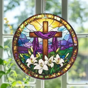 Cross and Lilies Acrylic Window Hanging, Easter Lily Suncatcher Ornament, Faith Suncatcher, Religious Home Decor, Baptism Gift