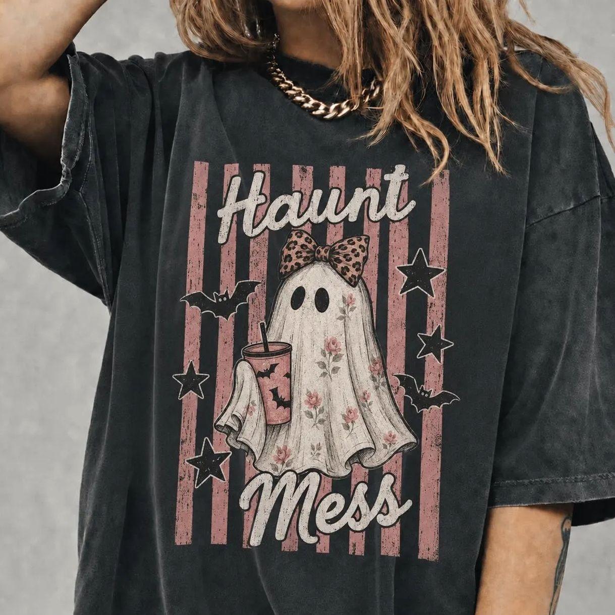 Comfort Colors Haunt Mess Ghost T-Shirt, Funny Halloween Graphic Tee, Preppy Striped Ghost Shirt, Cute Fall Spooky Season Apparel, Trendy Halloween Gift for Women & Men