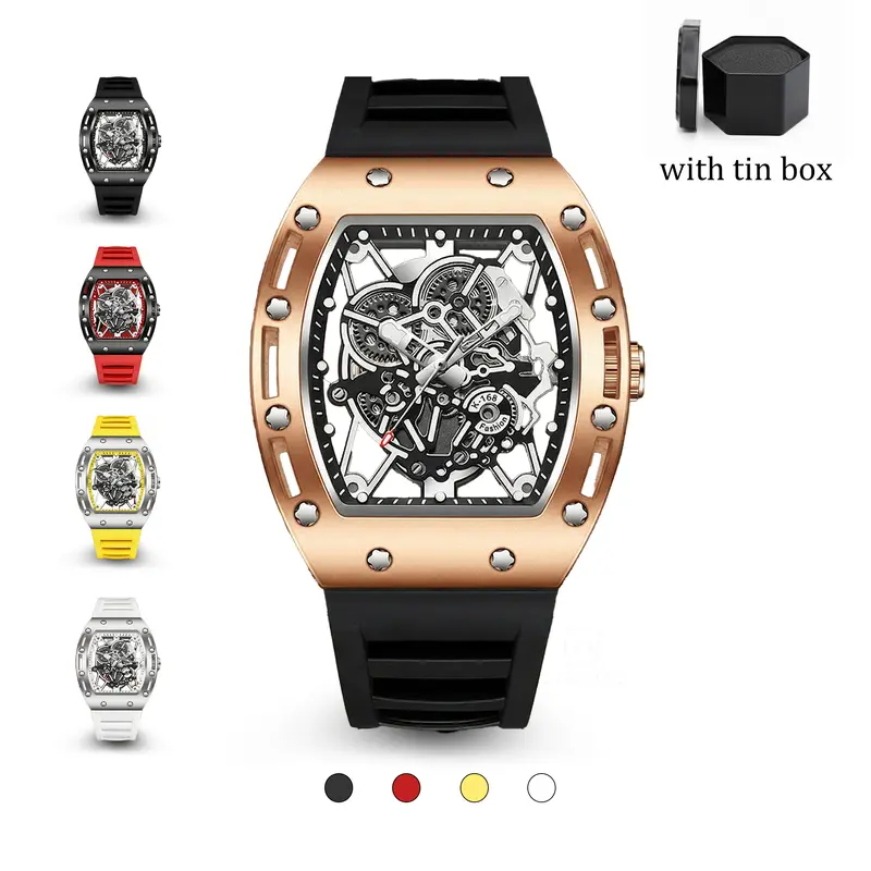 Men's Barrel-Shaped Skeleton Quartz Watch - Black & Gold Tone, 30M Waterproof Wrist Watch, Silicone Strap Analog, Transparent Face, Luminescent Glow, Bold Daily Wear, Unique Gifts for Him, Relojes para Hombres, Men's Accessories