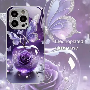 Elegant Crystal Apple Butterfly Purple Electroplated Silver Glass Phone Case, Suitable for iPhone 17/17 Air/17 Pro/17 Pro Max/16/16 Plus/16 Pro/16 Pro Max/15/15 Plus/15 Pro/15 Pro Max/14/14 Plus/14 Pro/14 Pro Max/13/13 Pro/13 Pro Max/12/12 Pro/12 Pro Max/