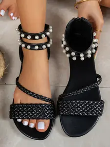 Fashion Roman Sandals, New Braided Strap Pearl Back Zip Flat Shoes, Casual Comfortable, Versatile Two Colors Available