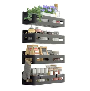 4 Pack Magnetic Spice Rack for Refrigerator, Spice Rack Organizer, Moveable Magnetic Shelf Fridge Organizer with 4 Hooks and 2 Hanging Cups for Kitchen and Oven Organization, Black Metal Set Smooth Stainless Steel