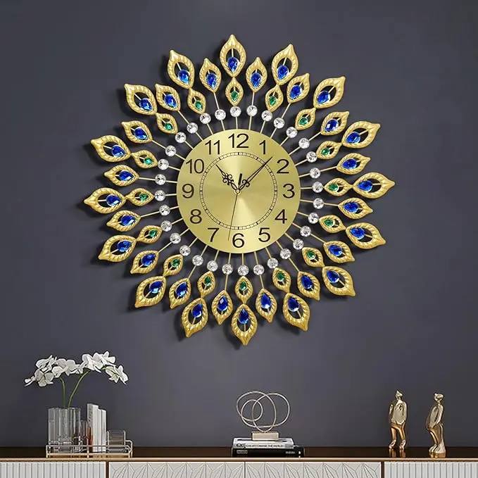 CNCEST 26.4in Modern Gold Baked Paint Quartz Metal Peacock Analog Wall Clock - 3D Light Round Aluminium Acrylic Battery-Powered Home Goods with Hook, Decorating for Living Room, Bedroom Decor (66.5*66.5*6.65cm, Room Inspo), Wall Clock Decorative