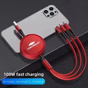 100W super fast charging 3-in-1 telescopic data cable For Chevrolet Corvette Montana TrailBlazer Silverado Traverse Camaro Suburban Equinox Bolt Cruze Malibu Colorado Trax SS Spark Captiva Onix Spin Impala Cobalt