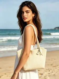 Women's Tote Bag, French Lazy Style Straw Tote, Starfish Shell Decoration, Large Capacity Durable Woven Bag, Beach Vacation Commute Shopping