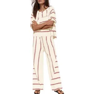 Womens Striped Lounge Set 2 Piece Vacation Sets Short Sleeve Tops and Wide Leg Pants Travel Sets with Pockets