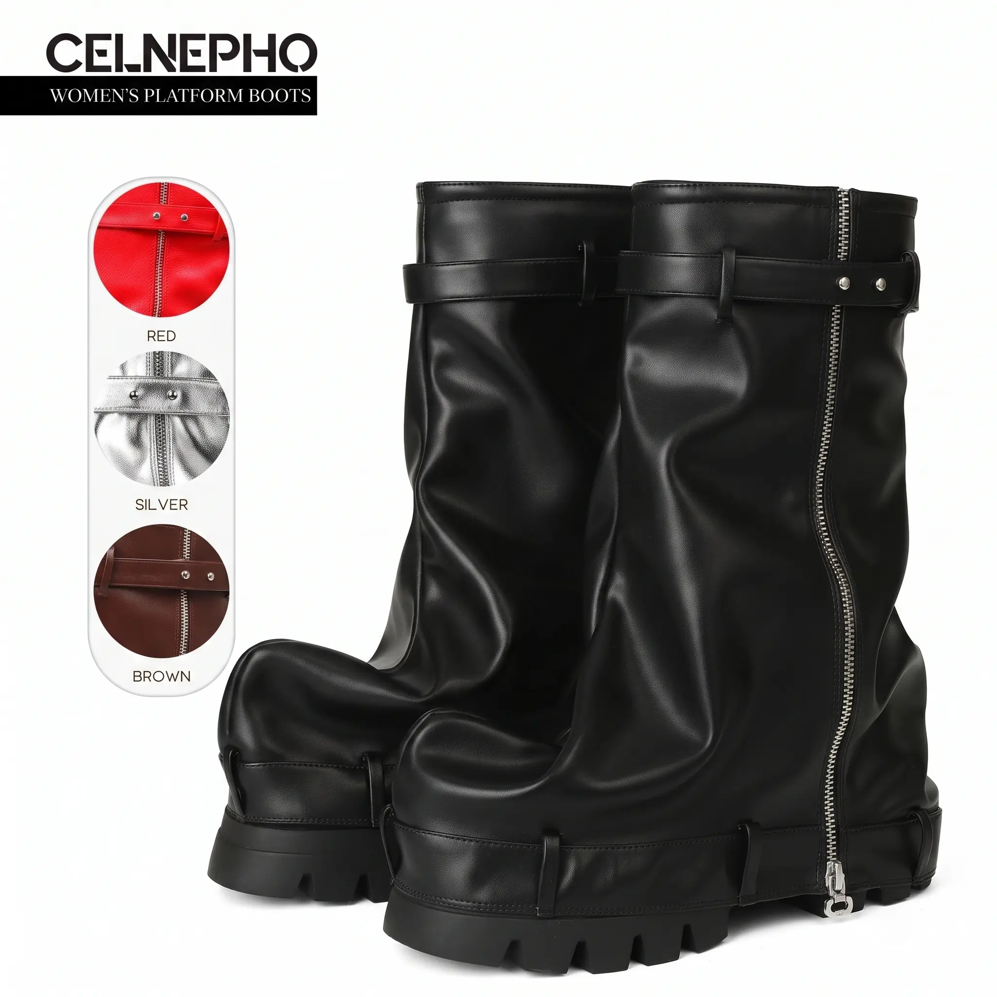 CELNEPHO Womens Platform Boots Round Toe Slouchy Booties Chunky Platform Heel Shark Boots Side Zipper Closure Fashion Mid Calf Boot Easy Pull on Fold Over Boots Date Wedding Party Daily Wear Gift Outdoor Events Trendy Dress Shoes