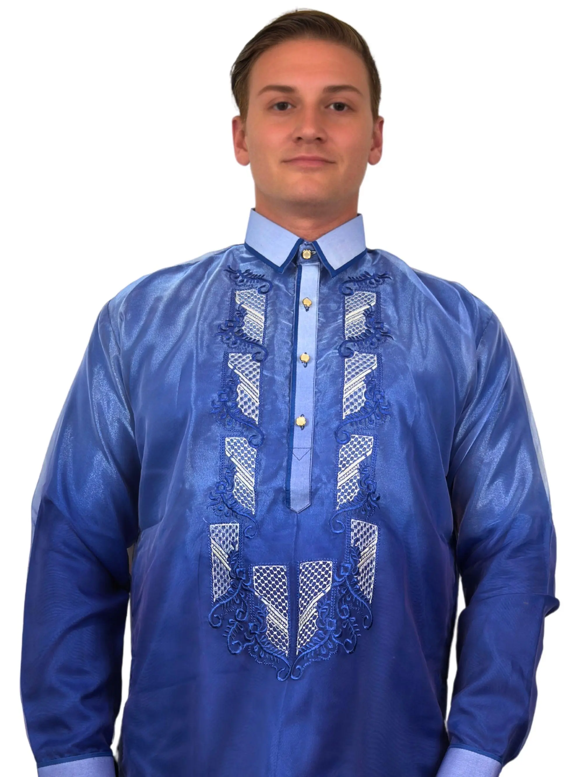 Handmade Kapamilya Barong Tagalog for Men - Long Sleeve Traditional Filipino Shirt - Blue Organza - US Size
