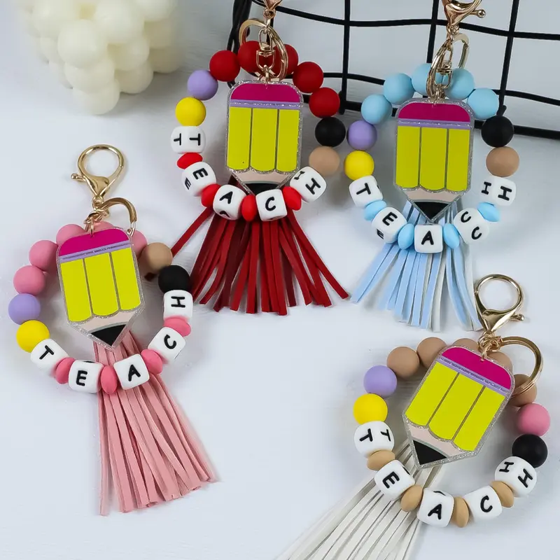 4-Piece Colorful Beaded Fringe with Silicone 'TEACH' Letters, Cute Bag and Car Key Charms, Teacher Appreciation Gift, Cute Keychains