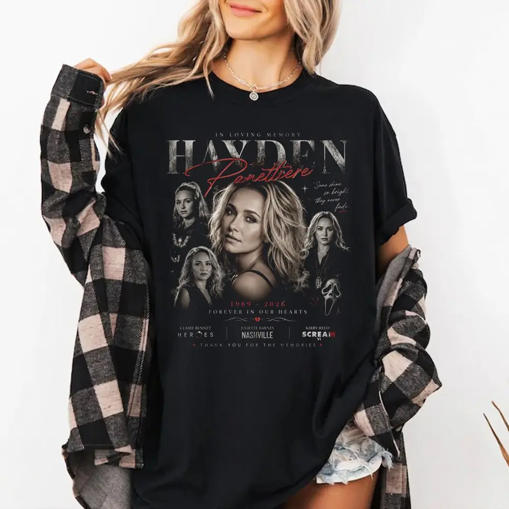 RIP Hayden Panettiere Tribute T-Shirt, In Loving Memory 1989 2026 Vintage Bootleg Graphic Tee, Heroes Claire Bennet Nashville Scream VI Fan Apparel, Classic Cotton Casual Menswear, Nostalgic Movie Actress Memorial Merchandise, Souvenir Gift