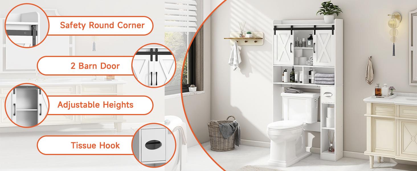 Vabches Wood Over The Toilet Storage Cabinet with Sliding Barn Doors, Farmhouse Bathroom Space Saver Organizer for Small Bathroom Laundry Room