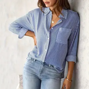 Women's Classic Striped Button Front Shirt with Pocket Long Sleeve Blouse - Loose Fit & Comfortable Woven Fabric for Daily Wear Blue Blouse