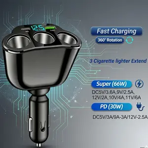 5-in-1 Car Charger: Supports 66W Super Fast Charging with 3 Sockets and Real-time Voltage Display, USB Phone Charging Adapter (Compatible with 12V/24V Vehicles)