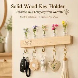 Cute Plant Keychain Holder (Wall-Mounted).No-Drill Solid Wood Key Holder for Wall, Aesthetic Entryway Organizer with 5 Metal Hooks & Mini Flower Vase. Self-Adhesive Wall Mounted Rack, Renter-Friendly Home Decor for Entryway & Hallway
