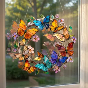 Butterfly Wreath Suncatcher, Colorful Butterfly Window Hanging, Acrylic Stained Glass Style Art, Butterfly Lover Gift, Gift for Her, Rainbow Sun Catcher