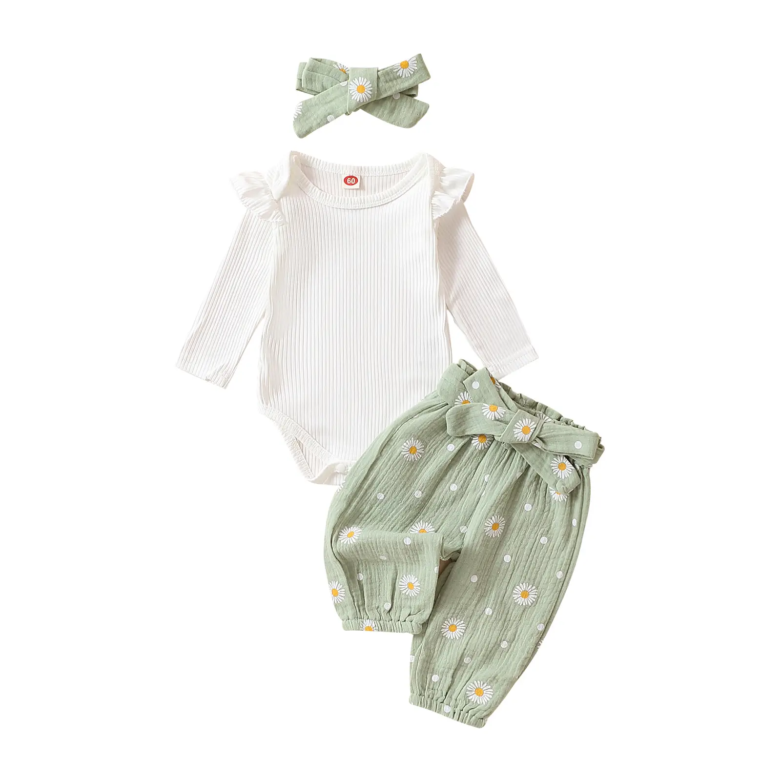 Baby Girls 3PCS Pants Sets 0-24 Months White Long Sleeve Ruffle Romper Daisy Print Belted Pants Headband Sets