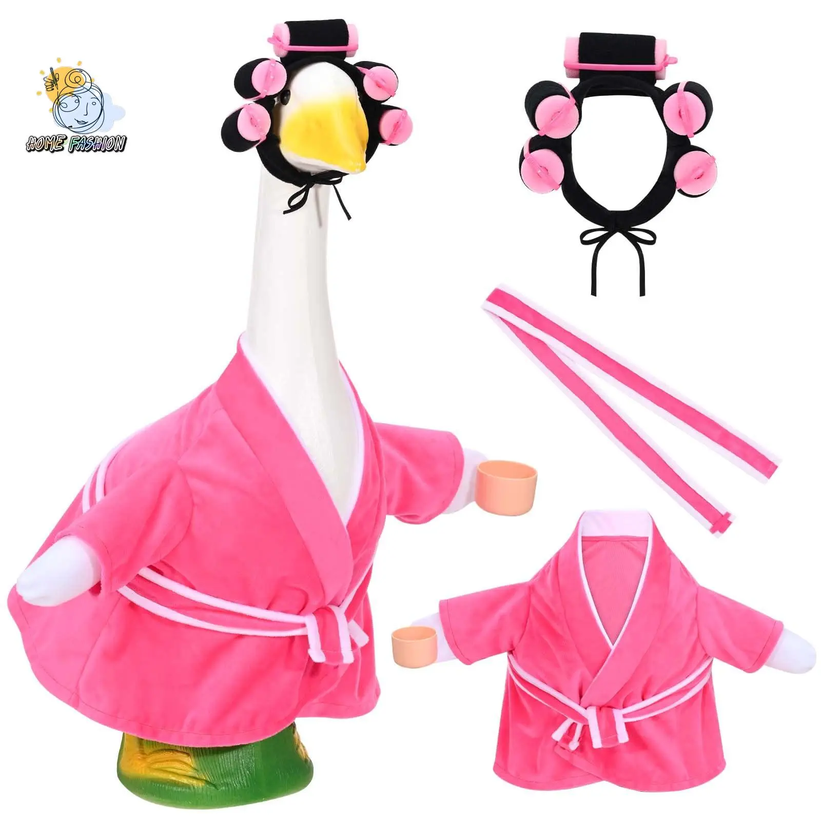 Porch Goose Old Lady Outfit Creative Plastic Goose Bathrobe with Curlers, Belt for Outdoor Garden Yard