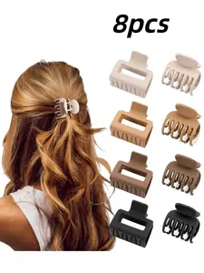 8pcs Matte Hair Clips, Flat Claw Clips for Women & Girls, Rectangle & Double Row Design, Ideal for Thin/medium/fine Hair, Non-Slip Jaw Clamps