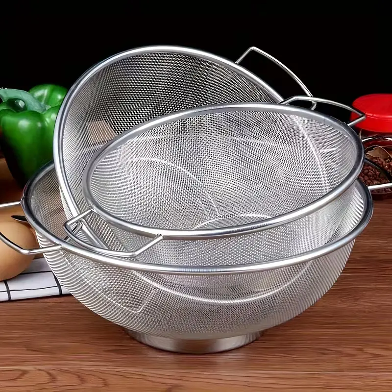 Food Grade Stainless Steel 3-Piece Kitchen Strainer Set with Handles - Fine Mesh Sieve, Pasta Draining Colander, Rice Washer for Home Cooking, Durable Home Storage Supply for Fruits, Vegetables, Three Pieces