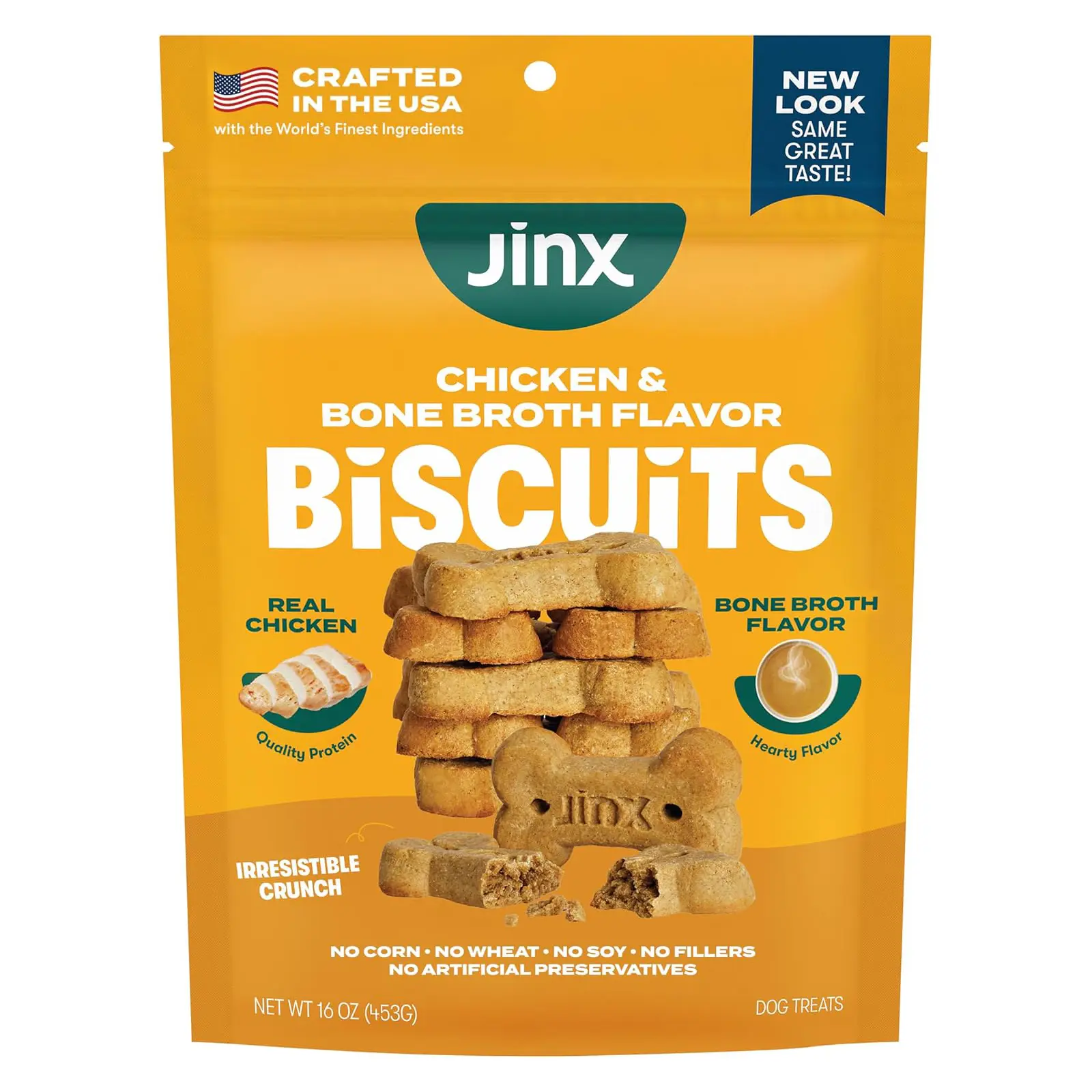 Jinx Dog Biscuits, Oven-Baked Dog Treats with Chicken Bone Broth, 16oz 1-Pack Crunchy & Healthy Dog Treat, Superfood-Rich with Cage Free Chicken, Dog Cookies for Puppies, Adults & Senior Dogs