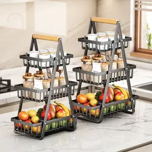 3-Tier Countertop Fruit Basket Portable Wooden Handle Stable Structure for Kitchen & Dining Room Storage Large Capacity Rectangular Bowls Black