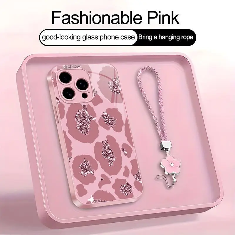 Y2K Pink Leopard Faux Glitter Art Phone Case with Lanyard | Metallic Paint Glass Smooth 2D Cover | Wild Spring Gift for [iPhone & Samsung]  952